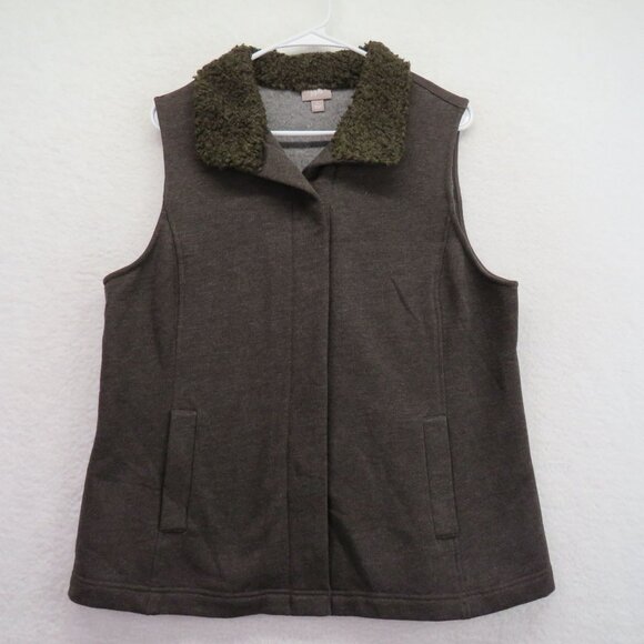 J  Jill Vest Womens Size Large Brown Sweater Faux Fur Collar Hidden Snap Front - Picture 1 of 8